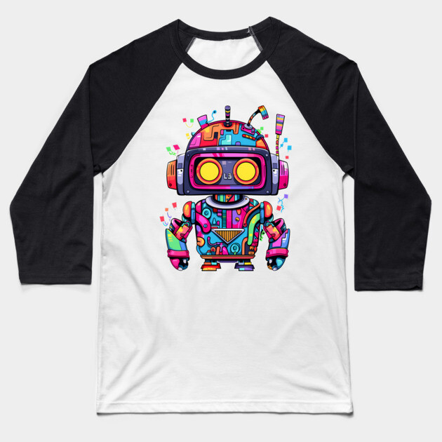 Rainbow Robot Baseball T-Shirt by Atomic Prophet