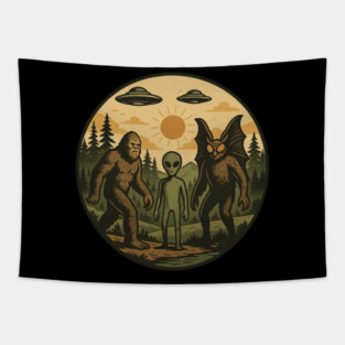 Bigfoot Alien Mothman UFO Retro Forest Tapestry