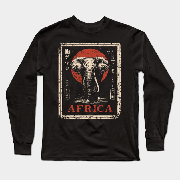 Vintage African Elephant T-Shirt – Tribal Safari Wildlife Art Long Sleeve T-Shirt by TuncGK