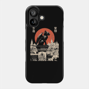 Gargoyle Guardian T-Shirt – Gothic Cityscape with Red Moon Phone Case