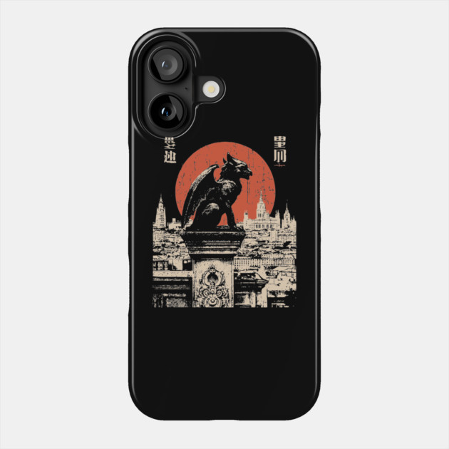 Gargoyle Guardian T-Shirt – Gothic Cityscape with Red Moon Phone Case by TuncGK