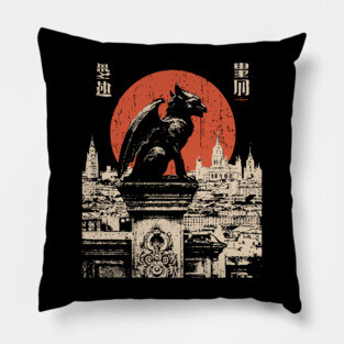 Gargoyle Guardian T-Shirt – Gothic Cityscape with Red Moon Pillow