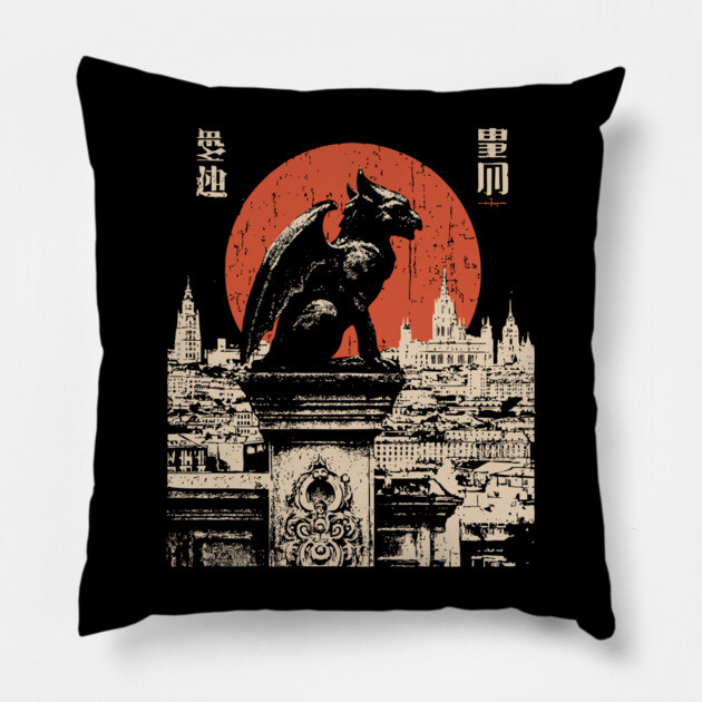 Gargoyle Guardian T-Shirt – Gothic Cityscape with Red Moon Pillow by TuncGK