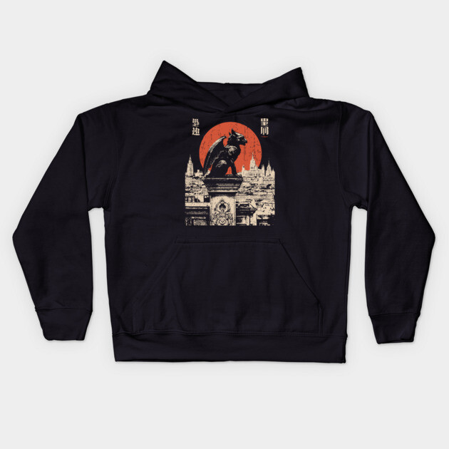 Gargoyle Guardian T-Shirt – Gothic Cityscape with Red Moon Kids Hoodie by TuncGK