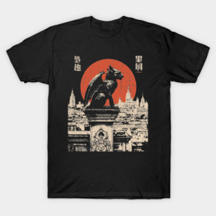 Gargoyle Guardian T-Shirt – Gothic Cityscape with Red Moon T-Shirt