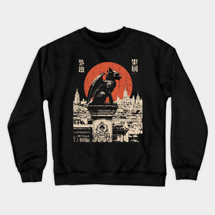 Gargoyle Guardian T-Shirt – Gothic Cityscape with Red Moon Crewneck Sweatshirt