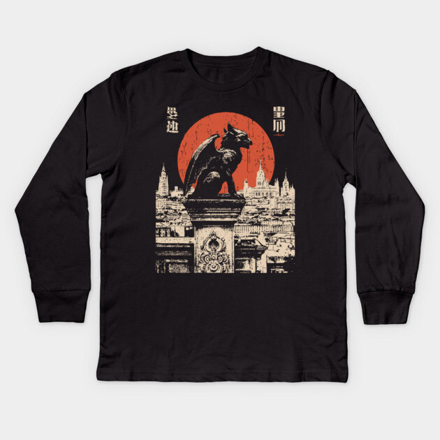 Gargoyle Guardian T-Shirt – Gothic Cityscape with Red Moon Kids Long Sleeve T-Shirt by TuncGK