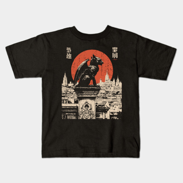 Gargoyle Guardian T-Shirt – Gothic Cityscape with Red Moon Kids T-Shirt by TuncGK