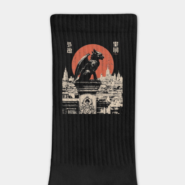 Gargoyle Guardian T-Shirt – Gothic Cityscape with Red Moon by TuncGK