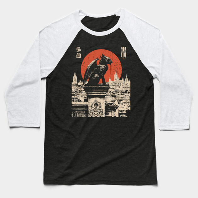 Gargoyle Guardian T-Shirt – Gothic Cityscape with Red Moon Baseball T-Shirt by TuncGK
