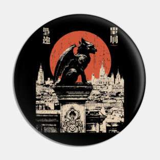 Gargoyle Guardian T-Shirt – Gothic Cityscape with Red Moon Pin