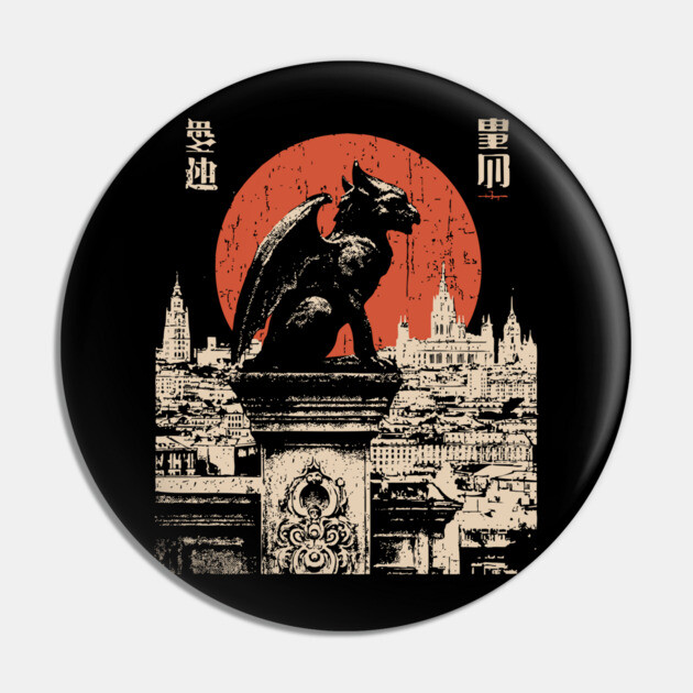 Gargoyle Guardian T-Shirt – Gothic Cityscape with Red Moon Pin by TuncGK