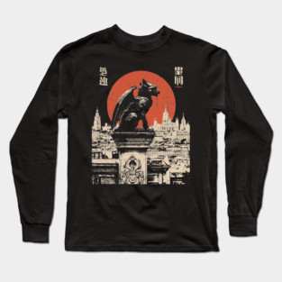 Gargoyle Guardian T-Shirt – Gothic Cityscape with Red Moon Long Sleeve T-Shirt