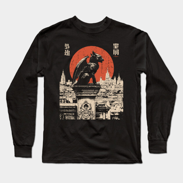 Gargoyle Guardian T-Shirt – Gothic Cityscape with Red Moon Long Sleeve T-Shirt by TuncGK