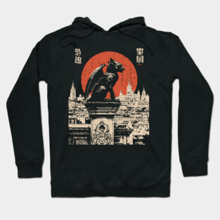 Gargoyle Guardian T-Shirt – Gothic Cityscape with Red Moon Hoodie