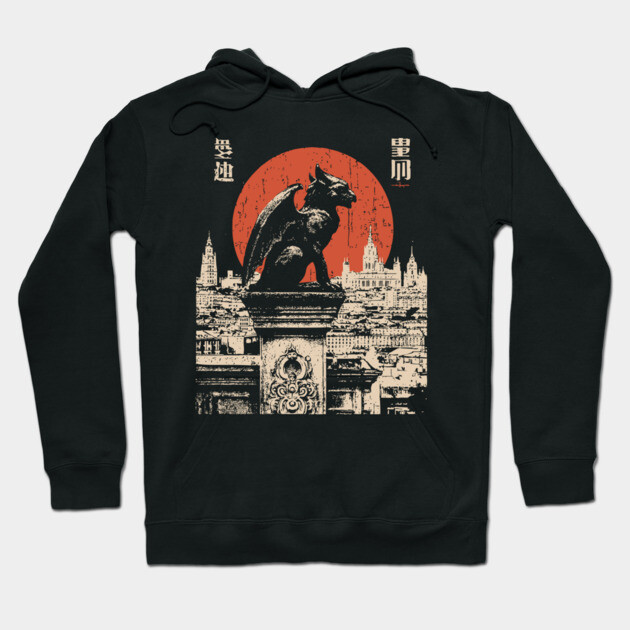 Gargoyle Guardian T-Shirt – Gothic Cityscape with Red Moon Hoodie by TuncGK