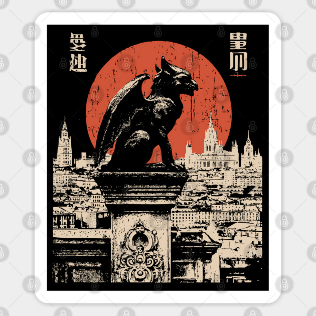 Gargoyle Guardian T-Shirt – Gothic Cityscape with Red Moon Sticker by TuncGK