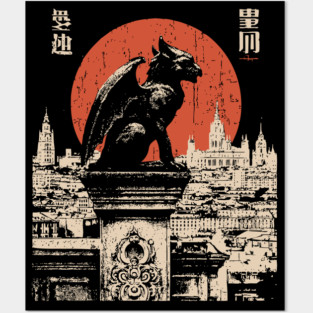 Gargoyle Guardian T-Shirt – Gothic Cityscape with Red Moon Posters and Art