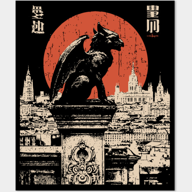 Gargoyle Guardian T-Shirt – Gothic Cityscape with Red Moon Wall Art by TuncGK