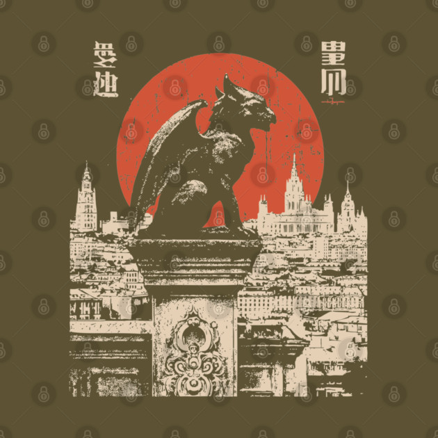 Gargoyle Guardian T-Shirt – Gothic Cityscape with Red Moon by TuncGK