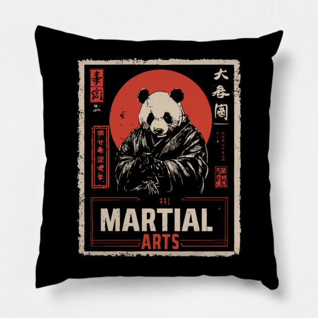 Martial Arts Panda – Kung Fu Animal Warrior in Vintage Style Pillow by TuncGK