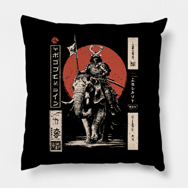 Samurai War Elephant – Japanese Medieval Fantasy Mashup Pillow by TuncGK