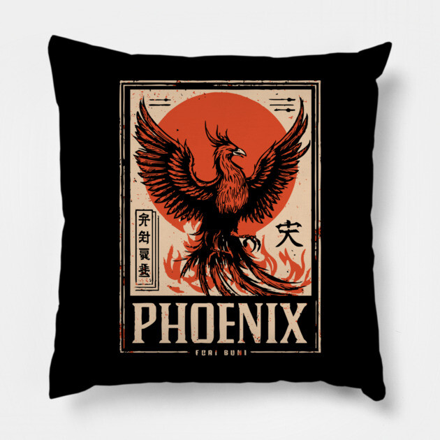 Rising Phoenix – Japanese-Inspired Rebirth & Strength Symbol Pillow by TuncGK