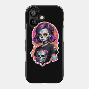 Sugar Skull Girl – Neon Día de los Muertos Tattoo Style Design Phone Case