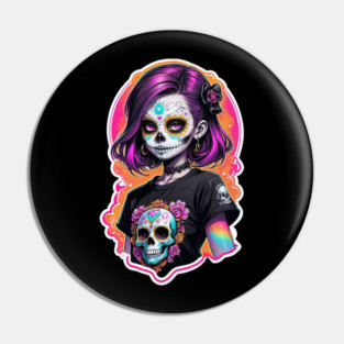 Sugar Skull Girl – Neon Día de los Muertos Tattoo Style Design Pin