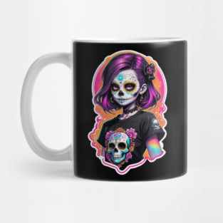 Sugar Skull Girl – Neon Día de los Muertos Tattoo Style Design Mug