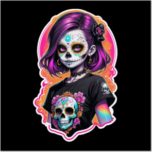 Sugar Skull Girl – Neon Día de los Muertos Tattoo Style Design Posters and Art