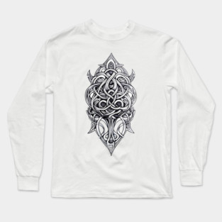 Celtic Knot Tribal Shield – Intricate Blackwork Line Art Design Long Sleeve T-Shirt