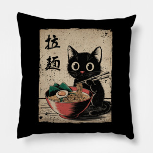 Adorable Black Cat Enjoying Ramen Japanese Style Foodie Art Pillow