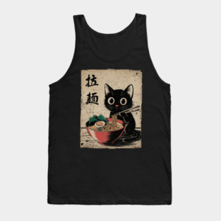 Adorable Black Cat Enjoying Ramen Japanese Style Foodie Art Tank Top