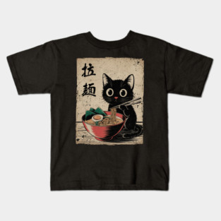 Adorable Black Cat Enjoying Ramen Japanese Style Foodie Art Kids T-Shirt