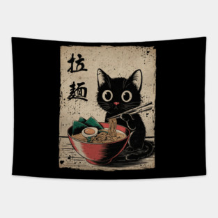 Adorable Black Cat Enjoying Ramen Japanese Style Foodie Art Tapestry