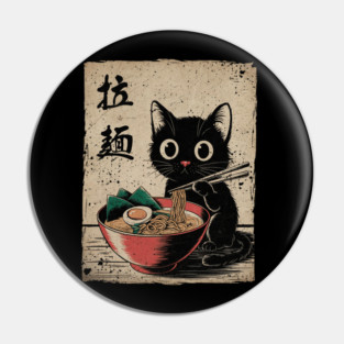Adorable Black Cat Enjoying Ramen Japanese Style Foodie Art Pin