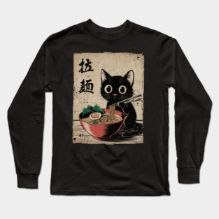 Adorable Black Cat Enjoying Ramen Japanese Style Foodie Art Long Sleeve T-Shirt