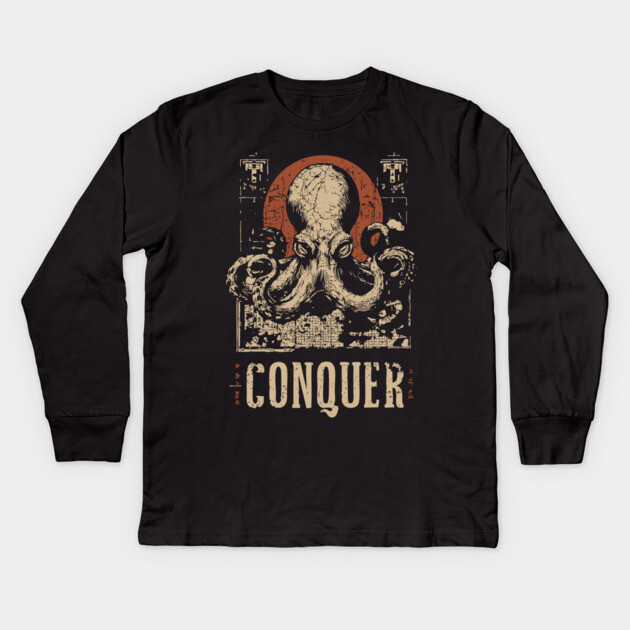 Conquer the Oceans - Vintage Octopus Art Kids Long Sleeve T-Shirt by TuncGK