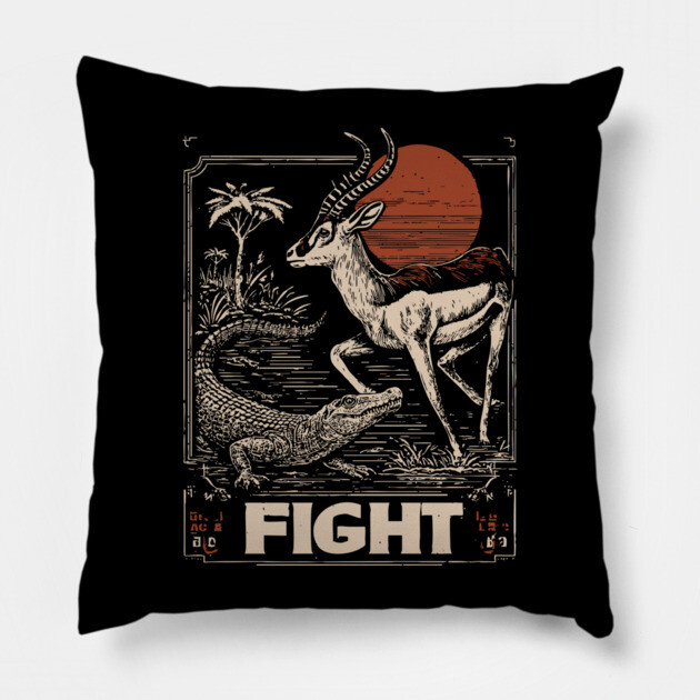 Fight - Antelope and Crocodile Survival Art Pillow by TuncGK