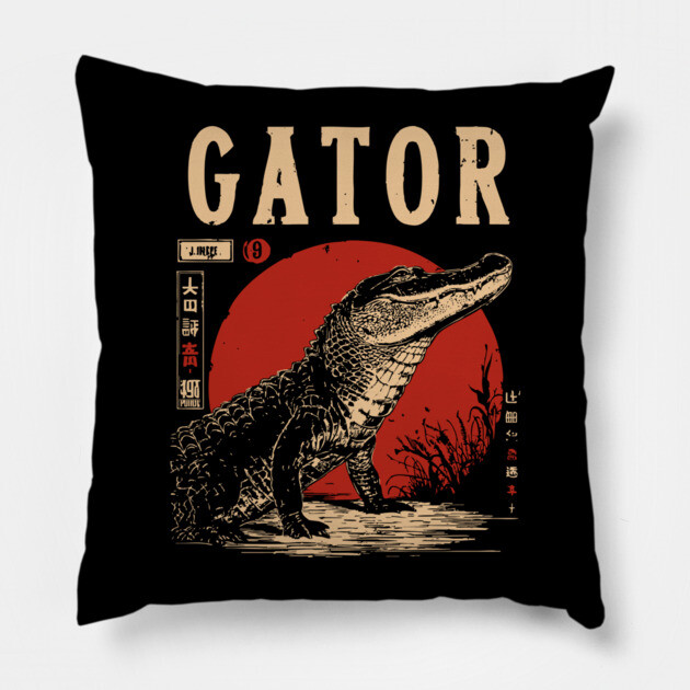 Gator - Vintage Swamp Predator Art Pillow by TuncGK