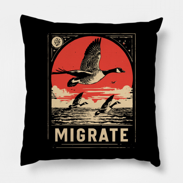 Migrate - Vintage Geese Formation Art Pillow by TuncGK