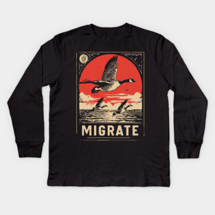 Migrate - Vintage Geese Formation Art Kids Long Sleeve T-Shirt