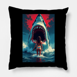 Deep Sea Showdown | Retro Shark Attack Poster | Pulp B Movie Horror Art Pillow