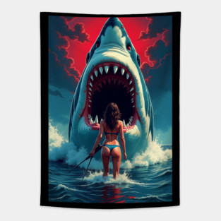 Deep Sea Showdown | Retro Shark Attack Poster | Pulp B Movie Horror Art Tapestry