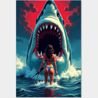 Deep Sea Showdown | Retro Shark Attack Poster | Pulp B Movie Horror Art Posters and Art
