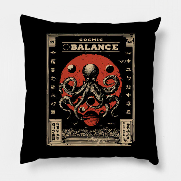 Cosmic Balance Octopus | Vintage Ocean Wisdom Art Pillow by TuncGK