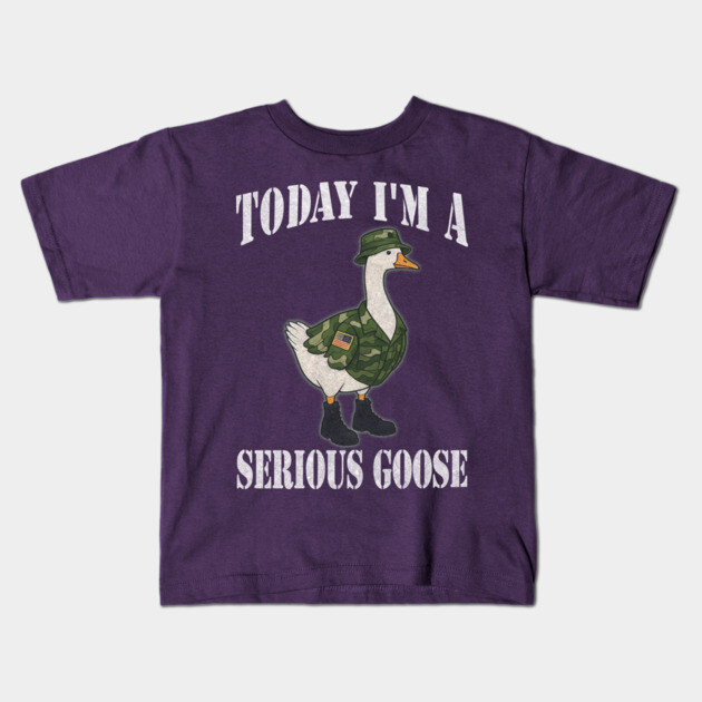 Today I'm A Serious Military Goose, in camo greens design gear with boots and bucket hat. Kids T-Shirt by Luxinda