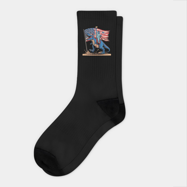 Dino Statue Of Liberty 4th Of July American Flag Socks by Creatifly Graphic Tees
