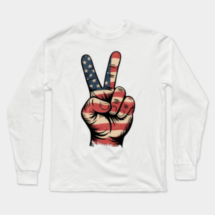 USA Flag Peace Sign Hand 4th of July Patriotic Long Sleeve T-Shirt